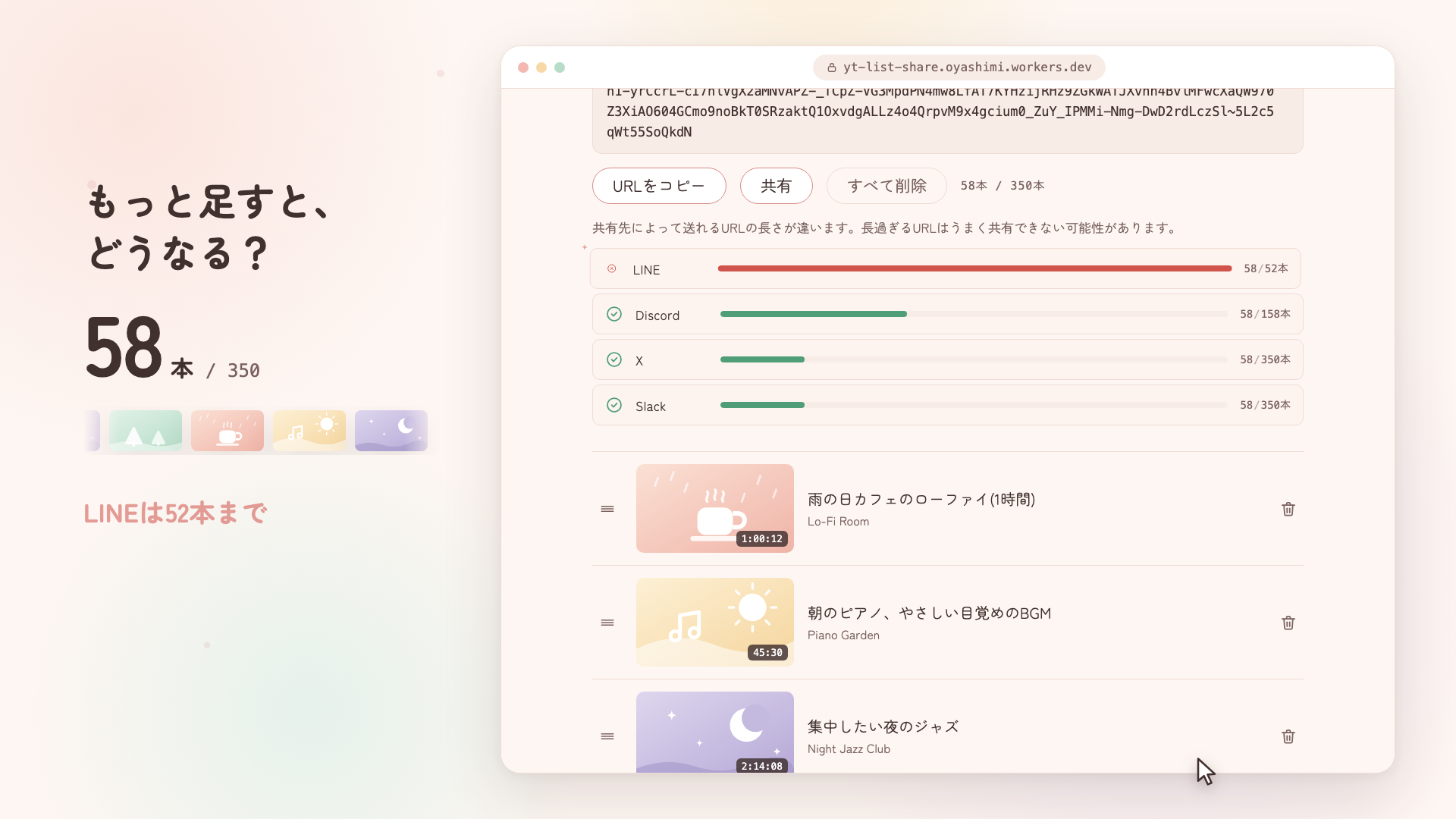 LINEが✕に変わった直後。カウンターは58本